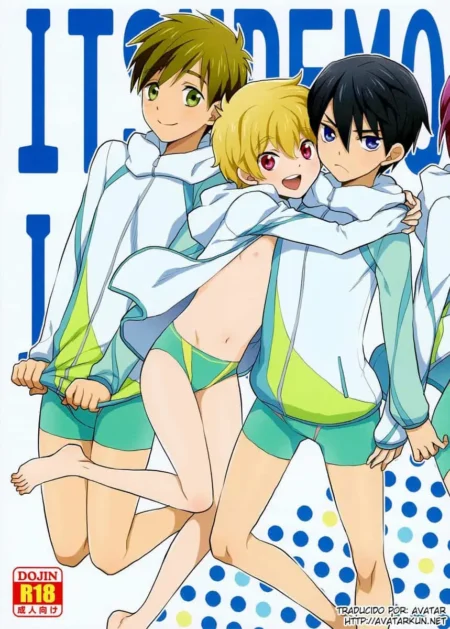 Tres jóvenes con sudaderas abiertas y bragas ajustadas posando abrazados en una ilustración erótica de Itsudemoissyo.