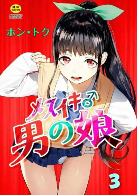 Travesti con uniforme escolar, falda corta y pecho plano posando sugerente sobre fondo rojo en Mesuiki Otokonoko Vol. 3.