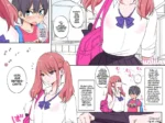 Chica anime de pelo rosa con uniforme escolar levanta su falda revelando bragas rosas con lazos y un clítoris prominente.