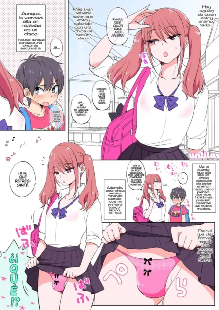 Chica anime de pelo rosa con uniforme escolar levanta su falda revelando bragas rosas con lazos y un clítoris prominente.