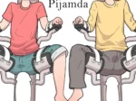 Dos chicos en sillas eróticas con vibradores gigantes insertados en sus penes y los pies entrelazados.