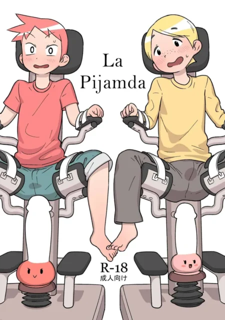 Dos chicos en sillas eróticas con vibradores gigantes insertados en sus penes y los pies entrelazados.
