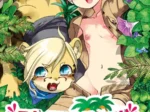 Joven semi desnudo y criatura híbrida felina en la selva, portada de manga erótico con contenido sexual explícito.