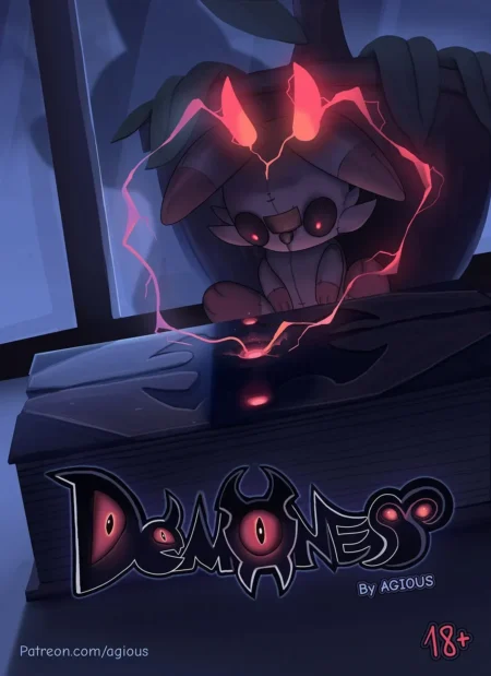 Peluche demoníaca con ojos rojos y aura eléctrica sobre un libro prohibido de Demoness por Agious contenido sexual 18+.