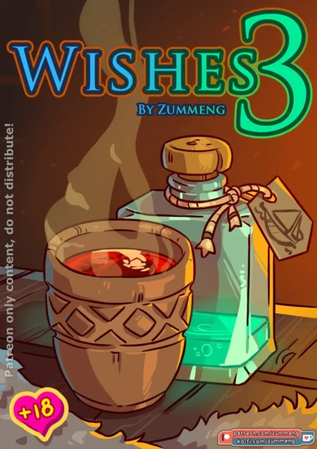 Portada de Wishes 3 de Zummeng con una poción azul brillante y un cuenco de caldo rojo caliente para fetiches sexuales.