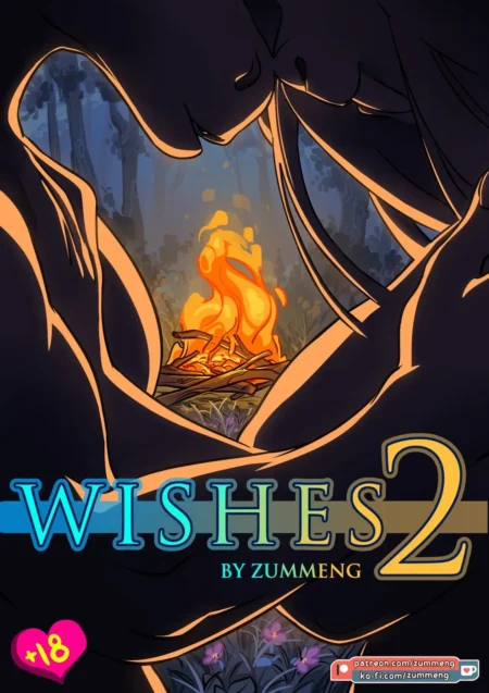 Portada de Wishes 2 de Zummeng con una fogata nocturna enmarcada por los muslos y el pubis abierto de una mujer.