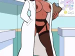 Doctora morena con bata abierta, pechos descubiertos, lencería negra erótica y medias altas en consultorio médico.