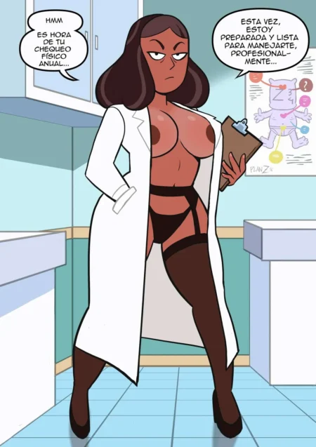 Doctora morena con bata abierta, pechos descubiertos, lencería negra erótica y medias altas en consultorio médico.