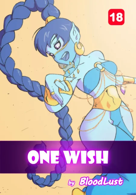 Genio erótica de piel azul con pechos grandes y busto descubierto posando sugerente en el cómic One Wish de BloodLust.
