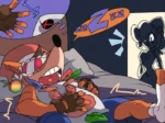 Crash Bandicoot duerme mientras Coco Xmas masturba su erección con un juguete sexual desde las sombras.