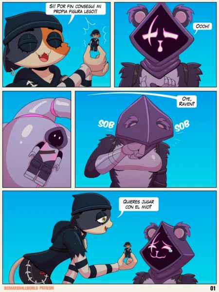 Cómic de Lego Fucknite con Raven llorando mientras Catalyst le ofrece su figura Lego para consolarla sexualmente.