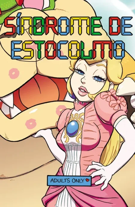 Princesa Peach con expresión lasciva y pechos prominentes frente a Bowser en el doujinshi erótico Síndrome de Estocolmo.