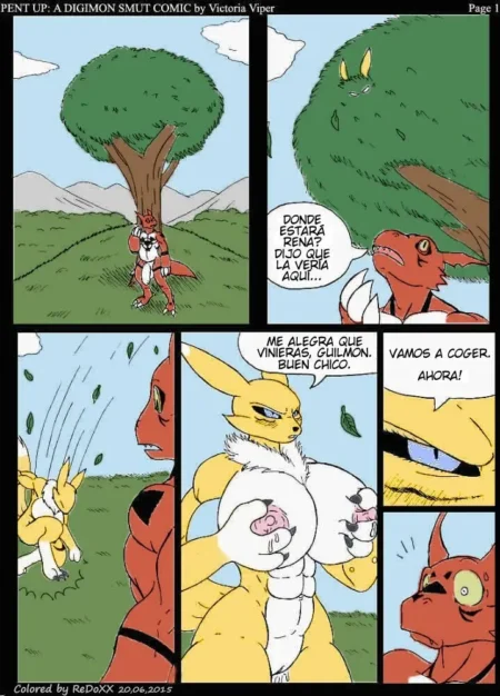 Guilmon y Rena, Digimons antropomórficos, se encuentran para tener sexo mientras ella exhibe sus grandes pechos.