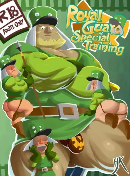Guardia real musculoso humillando a tres soldados pequeños mientras exhibe su enorme pene y glúteos en entrenamiento sexual.