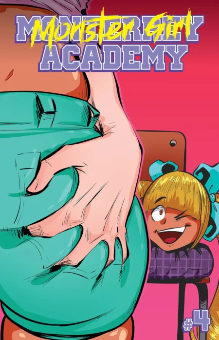 Mano apretando fuerte el culo carnoso de una chica con falda turquesa en Monster Girl Academy #4 de Worky Zark.