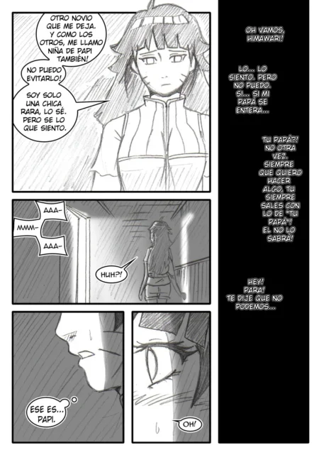 Cómic erótico de Himawari lamentando que sus novios la llamen papi mientras descubre a su padre en la habitación.