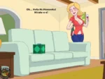 Beth de Rick y Morty con blusa roja abierta revelando sus pechos mientras sostiene vino en una sala.