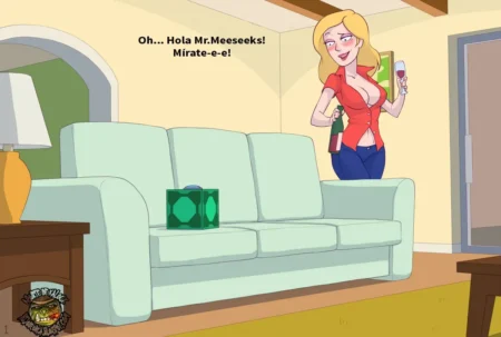 Beth de Rick y Morty con blusa roja abierta revelando sus pechos mientras sostiene vino en una sala.