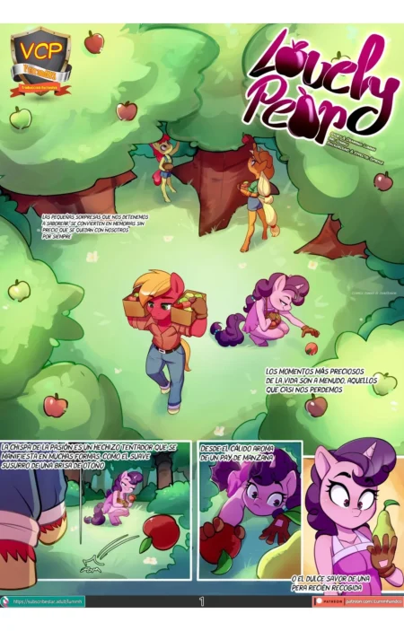 Applejack y Apple Bloom disfrutan de momentos íntimos y eróticos entre manzanos en el cómic Lovely Pear de Lummh.