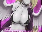 Poni blanca con alas y cabello rubio usando un bikini negro diminuto que resalta sus pechos grandes y curvas sexuales.