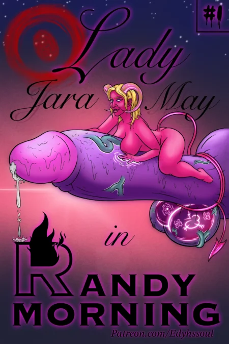 Demonia rosa montada sobre un pene gigante morado con fluidos en el arte NSFW de Lady Jara May en Randy Morning.