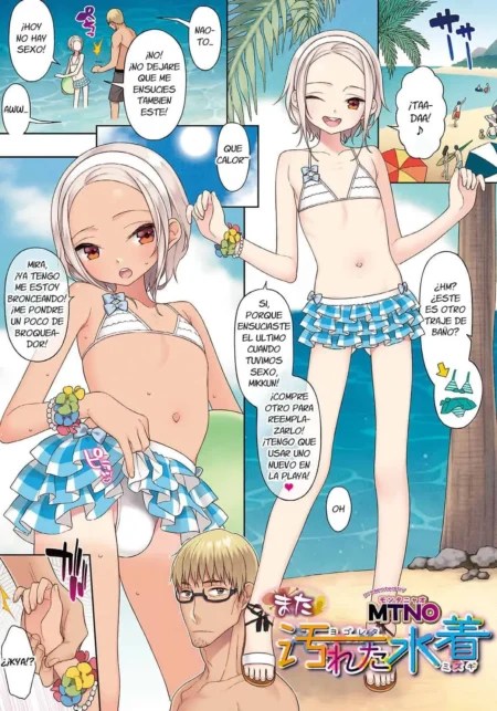 Mujer joven con bikini blanco y falda corta azul en la playa, mostrando su cuerpo desnudo y ropa interior húmeda.