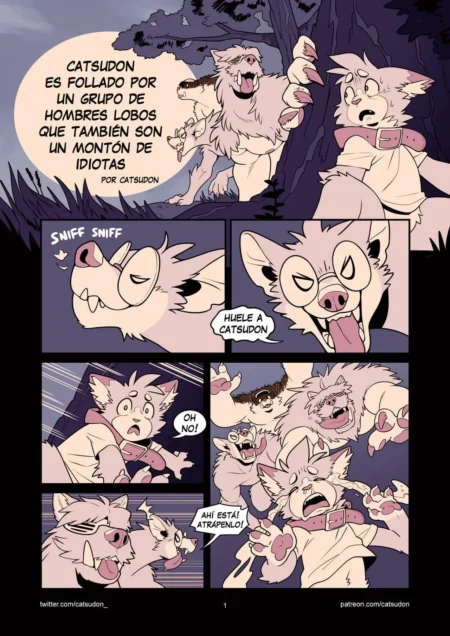 Cómic furry donde hombres lobo torpes acechan y capturan sexualmente a Catsudon en el bosque para gangbangearlo.