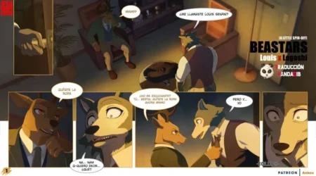 Louis y Legoshi en un cómic erótico donde el ciervo ordena al lobo desnudarse para tener sexo.