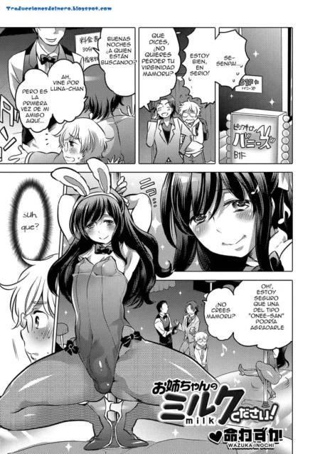 Mujer con orejas de conejo y body transparente sentada con las piernas abiertas mostrando su vulva en manga erótico.