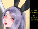 Primer plano de Alicia con orejas de conejo, rostro sonrojado y expresión excitada en El País Transexual de Papermania.