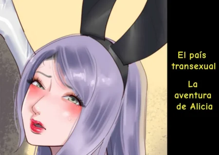 Primer plano de Alicia con orejas de conejo, rostro sonrojado y expresión excitada en El País Transexual de Papermania.
