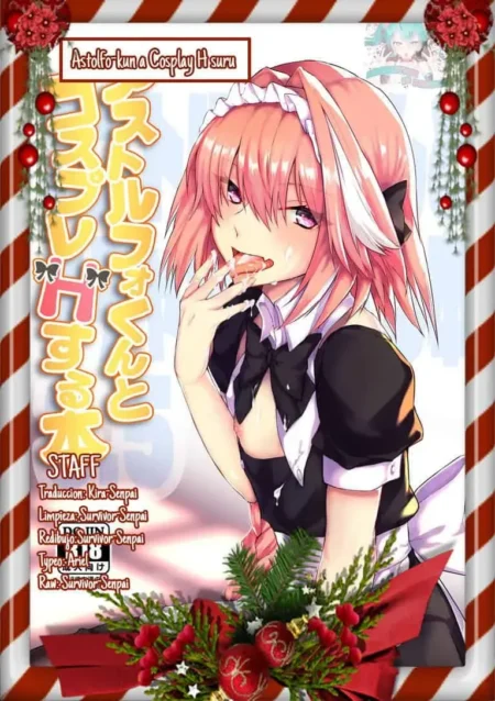 Astolfo con peluca rosa y traje de sirvienta lamiéndose los dedos con mirada lujuriosa en portada de doujinshi erótico.