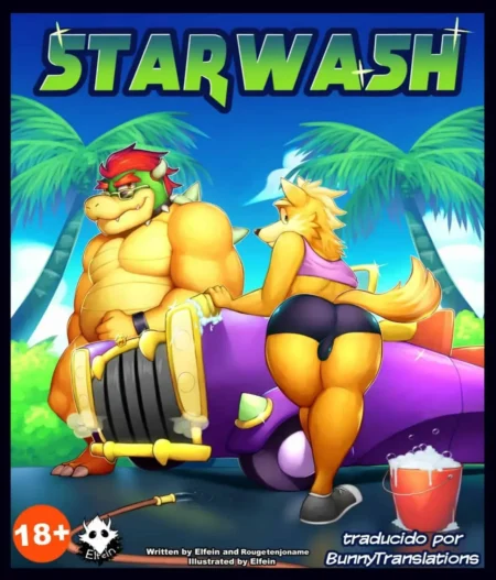 Bowser musculoso y loba anthropomorphic sexy lavando coche, ella luce un bikini diminuto que resalta sus glúteos grandes.