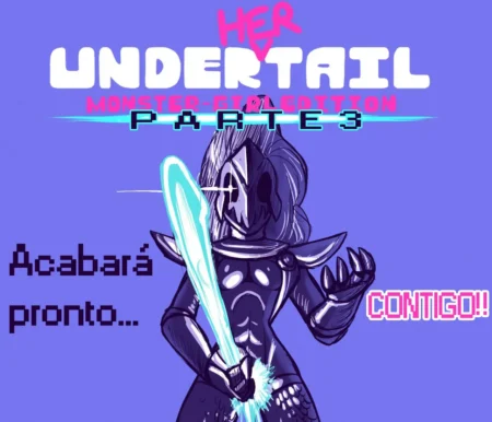Guerrera monstruo de Undertail 3 con armadura ajustada y espada brillante en pose sexual provocativa y dominante.