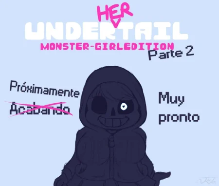 Sans monster girl con capucha oscura y sonrisa pícara en Underhertail 2 esperando sexo explícito muy pronto.