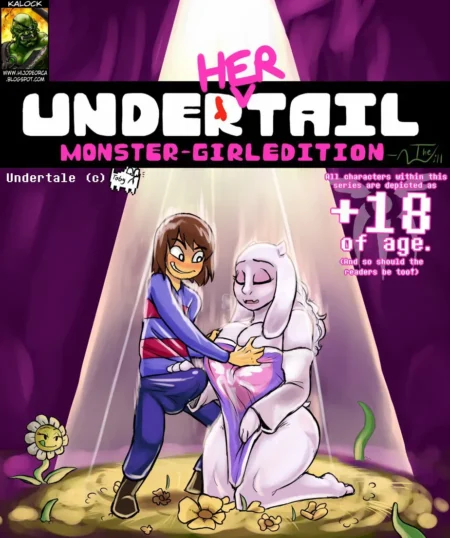 Frisk acaricia los pechos de Toriel mientras ella gime placentera sobre un lecho de flores amarillas en Under Her Tail.