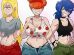 Tres mujeres voluptuosas con pechos grandes y shorts cortos posando provocativamente en el arte erótico de Hermit Moth.