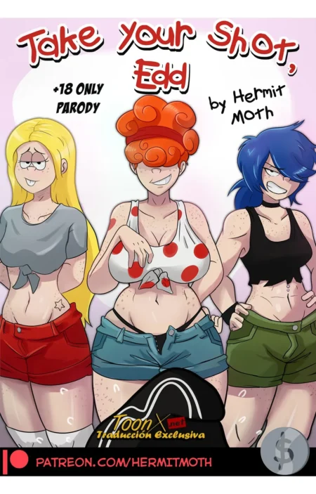 Tres mujeres voluptuosas con pechos grandes y shorts cortos posando provocativamente en el arte erótico de Hermit Moth.