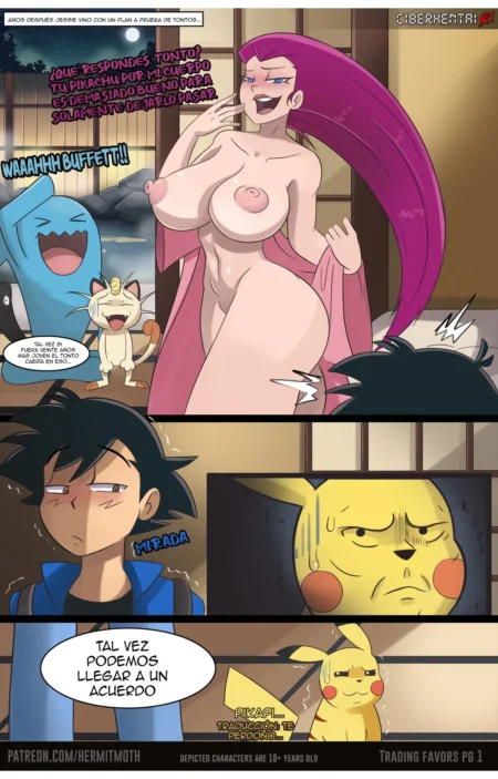 Jessie desnuda y excitada seduce a Ash mientras Pikachu observa con deseo en el cómic Trading Favors de Hermit Moth.