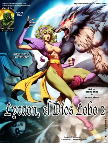 Mujer rubia con pechos desnudos y armadura púrpura junto a un lobo antropomorfo agresivo en Lycaon el Dios Lobo 2.