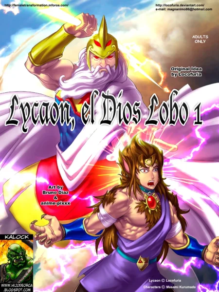 Hombre lobo musculoso con túnica púrpura y Zeus poderoso en portada de cómic erótico Lycaon el Dios Lobo 1 de Locofuria.
