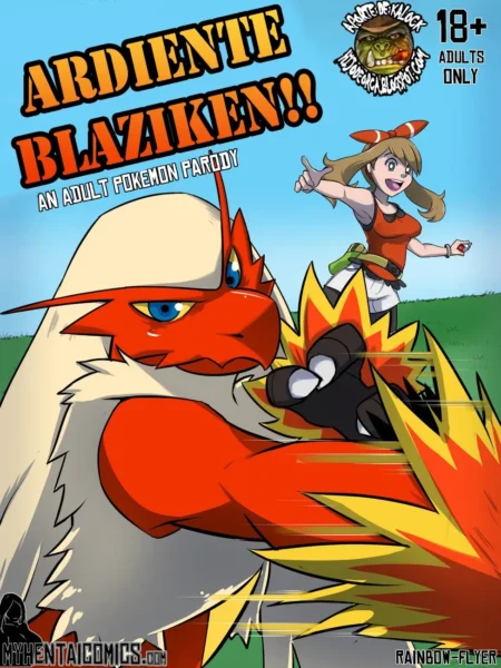 Portada de cómic erótico con Blaziken musculoso y entrenadora rubia en pose sugerente para parodia sexual de Pokémon.