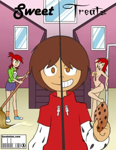 Personaje sonriente con galleta frente a mujer pelirroja vestida y otra desnuda exhibiendo sus pezones y vagina.
