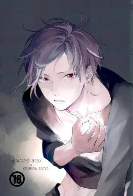 Hombre anime de cabello púrpura y ojos rojos con camisa abierta revelando torso desnudo y expresión excitada.