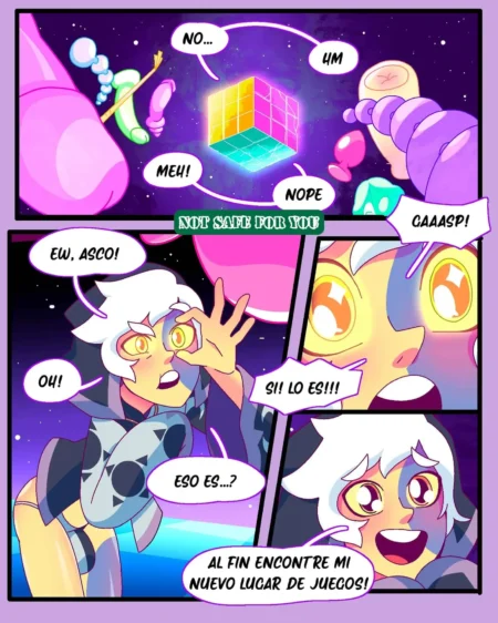Cómic erótico de Collector interactuando con un cubo mágico brillante en un entorno espacial surrealista y colorido.