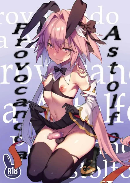 Astolfo con orejas de conejo, pechos descubiertos y pene erecto fuera de su falda negra en pose provocativa.