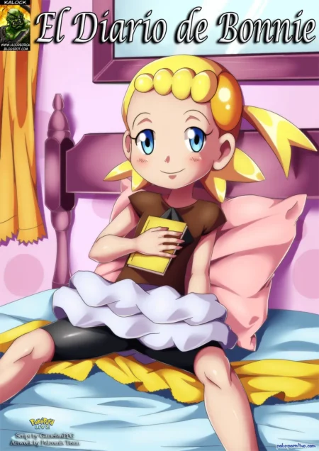 Bonnie de Pokémon sentada en la cama con un diario, vistiendo falda corta y bragas negras ajustadas.