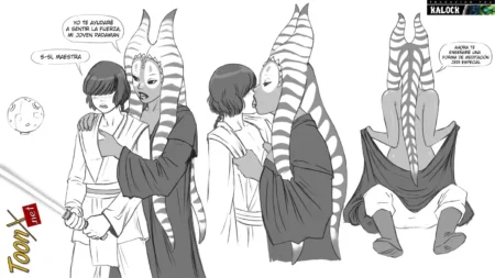 Maestra Togruta Jedi besando y penetrando analmente a su joven padawan mientras este sostiene su sable de luz.