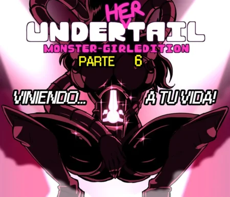 Monster girl erótica de Undertail 6 con cuernos, pechos grandes y vulva expuesta sobre fondo rosa brillante.