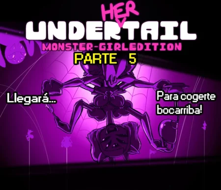 Muffet antropomórfica con tetas grandes y múltiples brazos atrapando a alguien en su telaraña para sexo oral.